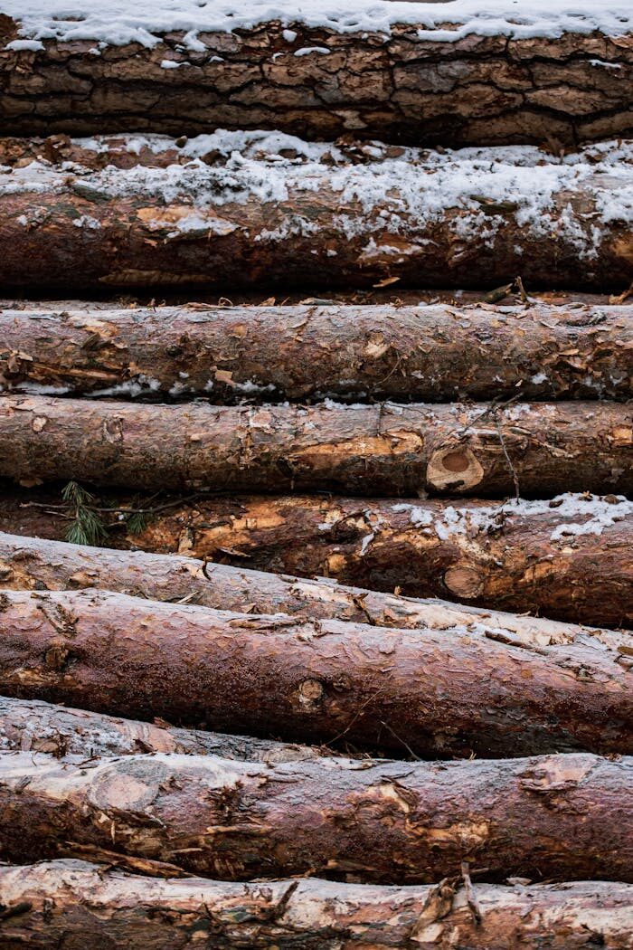 Close-up of stacked logs partially covered in snow, showcasing textures and natural wood patterns.